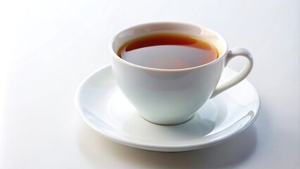 Earl Grey tea in white cup on saucer against white background
