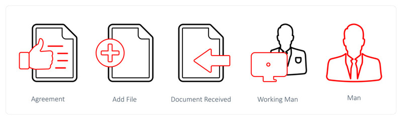 A set of 5 mix icons as agreement, add file, document received