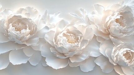 White peonies in 3D design, soft white flowers,  stylish floral wallpaper,  white background.