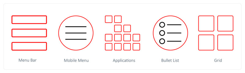 A set of 5 mix icons as menu bar, mobile menu, application