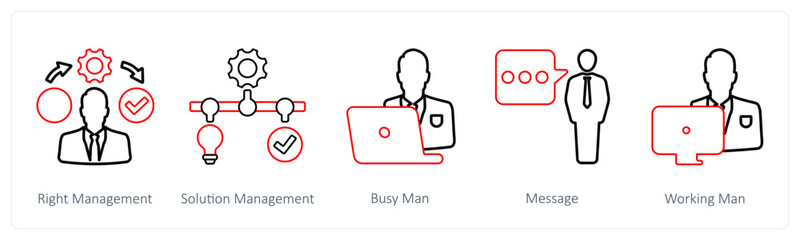 A set of 5 mix icons as right management, solution management, busy man