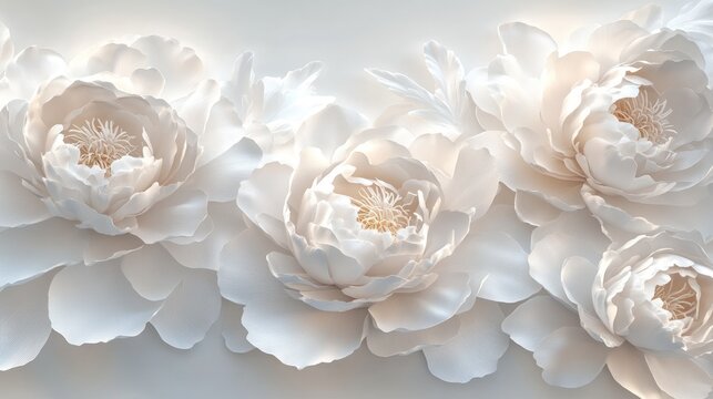 White peonies in 3D design, soft white flowers,  stylish floral wallpaper,  white background.