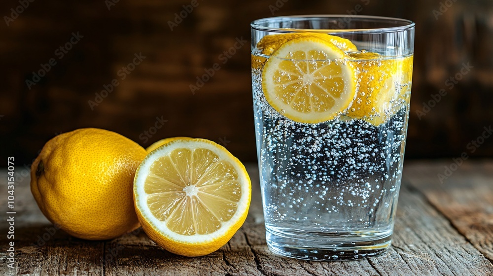 Aufkleber a glass of lemon water on a wooden table with slices of fresh lemons next to it representing hydrati