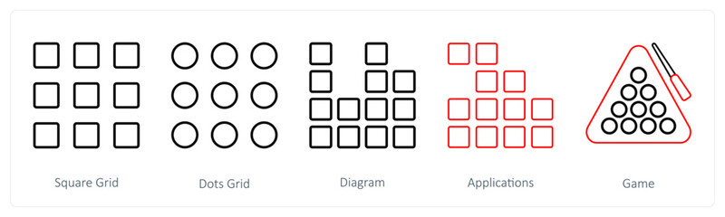 A set of 5 mix icons as square grid, dots grid, diagram