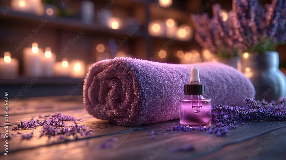 Aufkleber a peaceful spa setting with lavender essential oils a rolled-up towel and soft lighting promoting re
