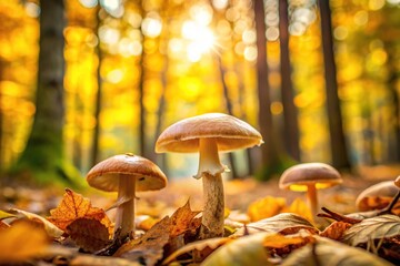 Edible mushrooms growing in the autumn forest Low Angle