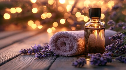 A peaceful spa setting with lavender essential oils a rolled-up towel and soft lighting promoting relaxation and mental wellness Stock Photo with side copy space