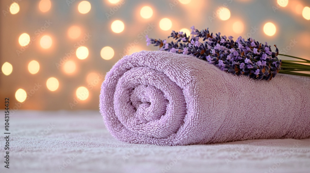 Poster a peaceful spa setting with lavender essential oils a rolled-up towel and soft lighting promoting re