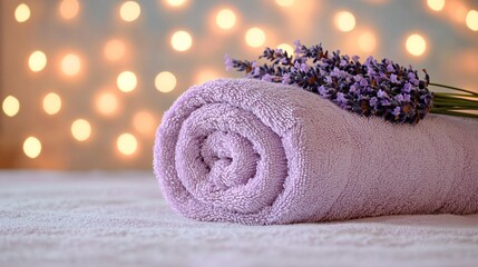 A peaceful spa setting with lavender essential oils a rolled-up towel and soft lighting promoting relaxation and mental wellness Stock Photo with side copy space