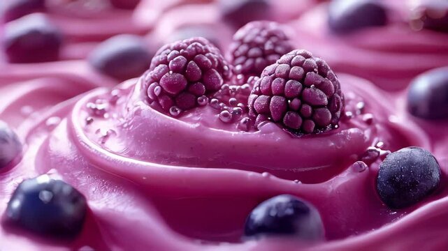 Close-up view of a frosty berry sorbet with raspberries and blueberries on top, highlighting the refreshing, tasty treat on a hot day
