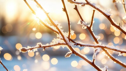 Enchanting frost-covered branches illuminated by winter sunshine