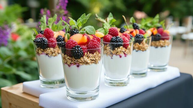 Delicious fruit parfait verrine with yogurt granola and fresh berries for a healthy treat