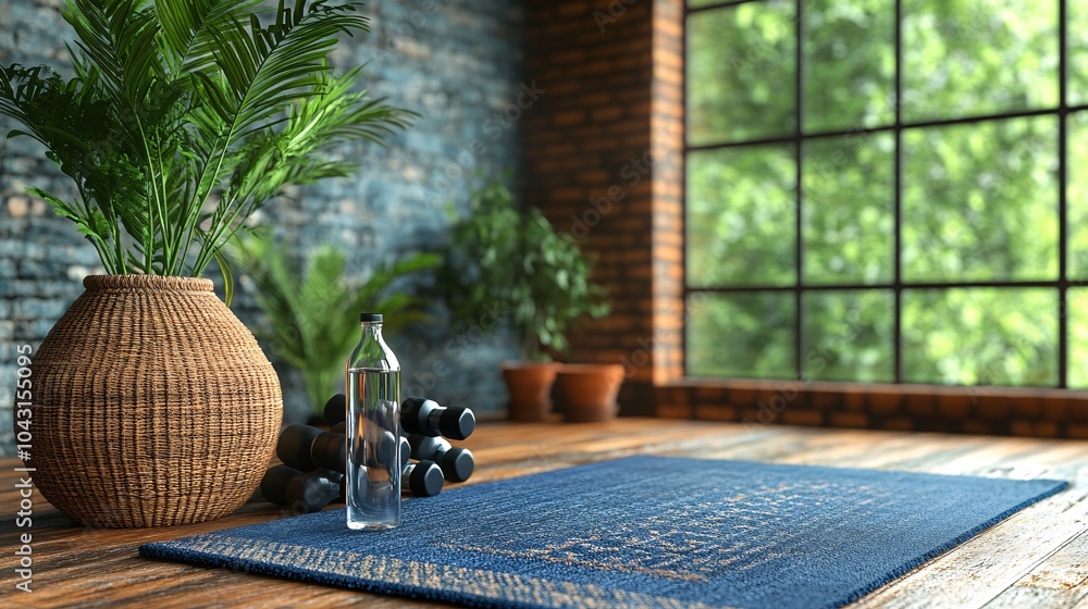 Poster a simple and elegant home workout space with a yoga mat free weights and a water bottle ready for an