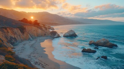 Obraz premium A breathtaking sunset over a rugged coastline, with the sun peeking through the clouds, casting a golden glow on the water and the sandy beach.