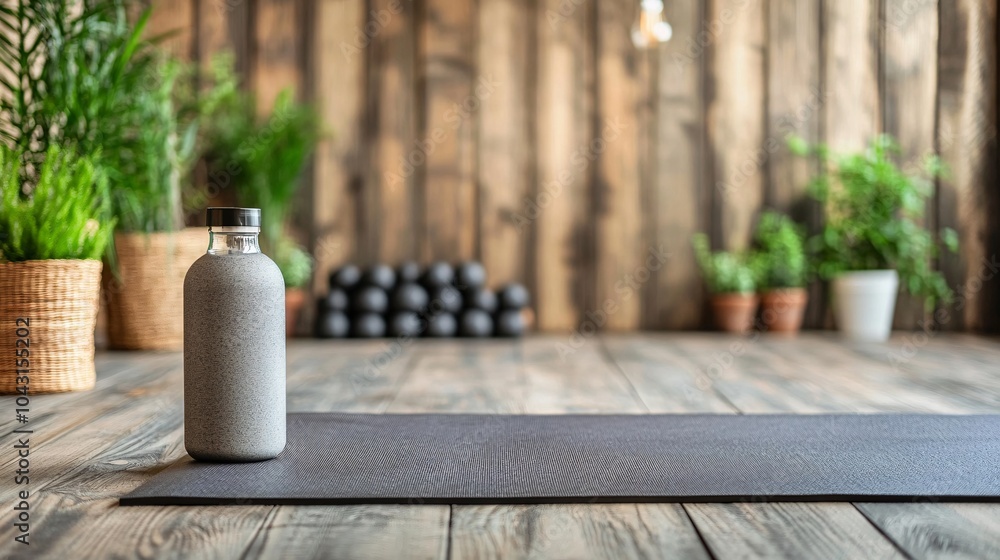 Poster a simple and elegant home workout space with a yoga mat free weights and a water bottle ready for an
