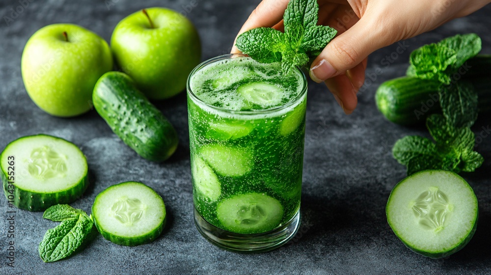Poster a person preparing a fresh green juice with ingredients like spinach cucumber and apples promoting h