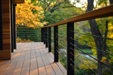 Close up of a modern wooden deck railing with cable and black metal posts.