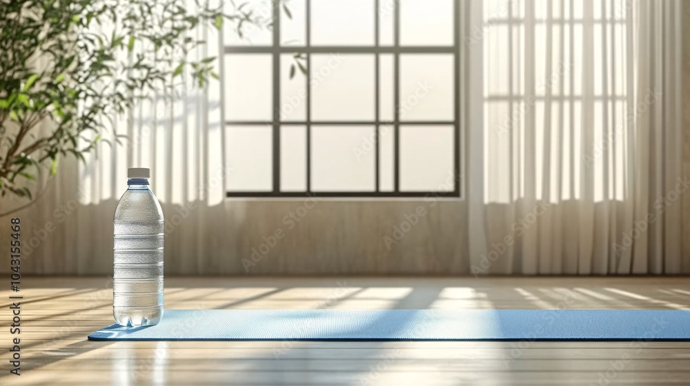 Poster a simple and elegant home workout space with a yoga mat free weights and a water bottle ready for an