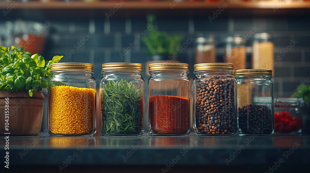 Poster a colorful display of fresh herbs and spices on a kitchen counter ready to be used for healthy cooki