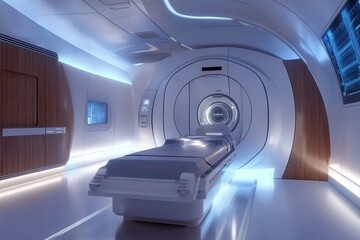 Futuristic medical examination room with a sleek, white, and silver examination table.