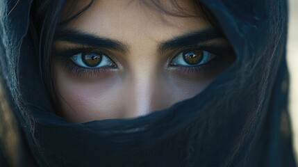 Naklejka premium A stunning Arabic queen with a veil covering her face, revealing only her piercing, intense eyes. Her beauty and mystery are captivating.