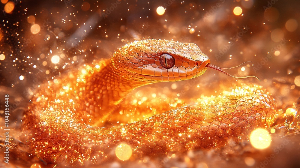 Poster a golden snake elegantly coiled amidst a backdrop of vibrant fireworks and sparkling lights with dee