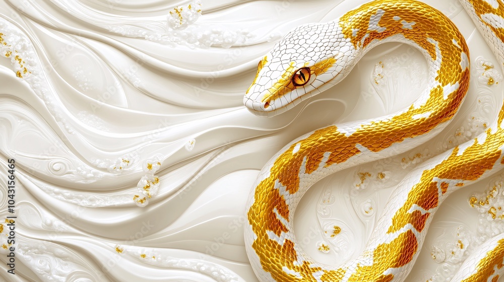 Aufkleber A minimalistic snake design in sleek golden lines on a white background with delicate patterns accentuating the year 2025 written in clean simple typography Stock Photo with side copy space