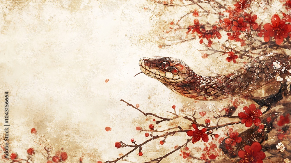 Poster an artistic brush-painted snake in traditional chinese style set against a soft beige background wit