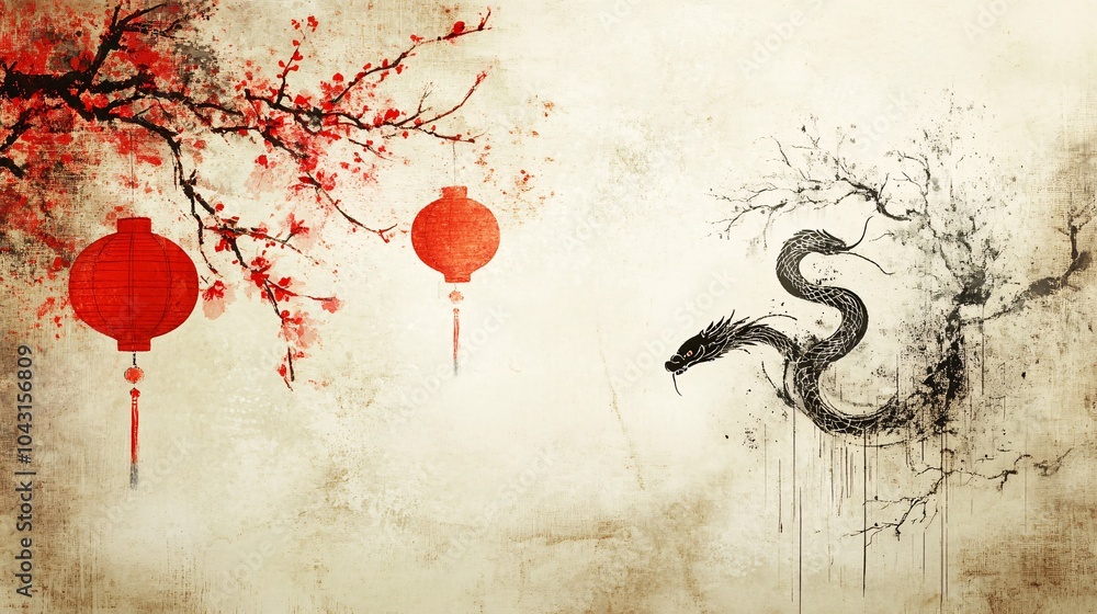 Poster an artistic brush-painted snake in traditional chinese style set against a soft beige background wit
