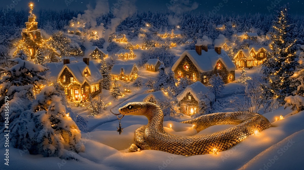 Aufkleber a graceful golden snake coiling through a snowy winter scene surrounded by snow-covered trees and ho