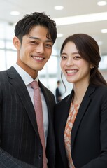 ビジネス出版物向けのモダンなオフィス環境で笑顔を見せるプロの企業幹部の二人組