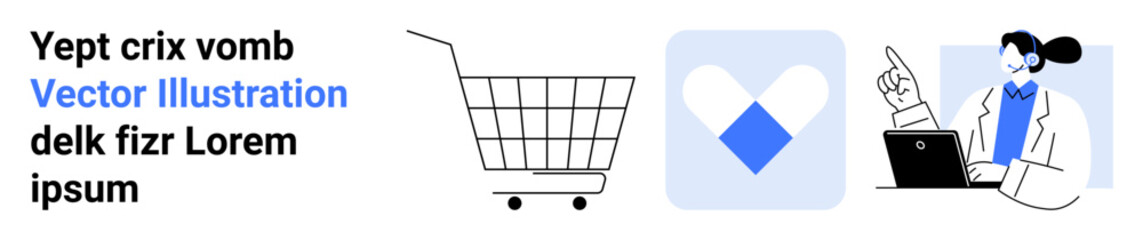 Shopping cart, heart symbol, and woman in lab coat with laptop. Ideal for e-commerce, online medical consultation, love and affection, internet services, and customer support. Banner for landing page