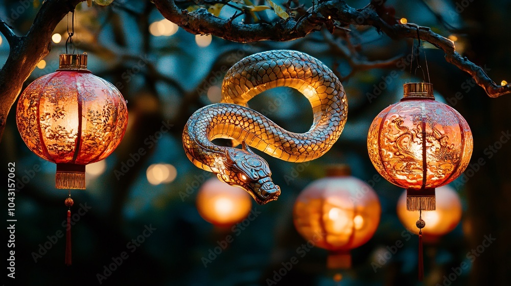 Poster a majestic golden snake illuminated by red and gold chinese lanterns that hang throughout the design