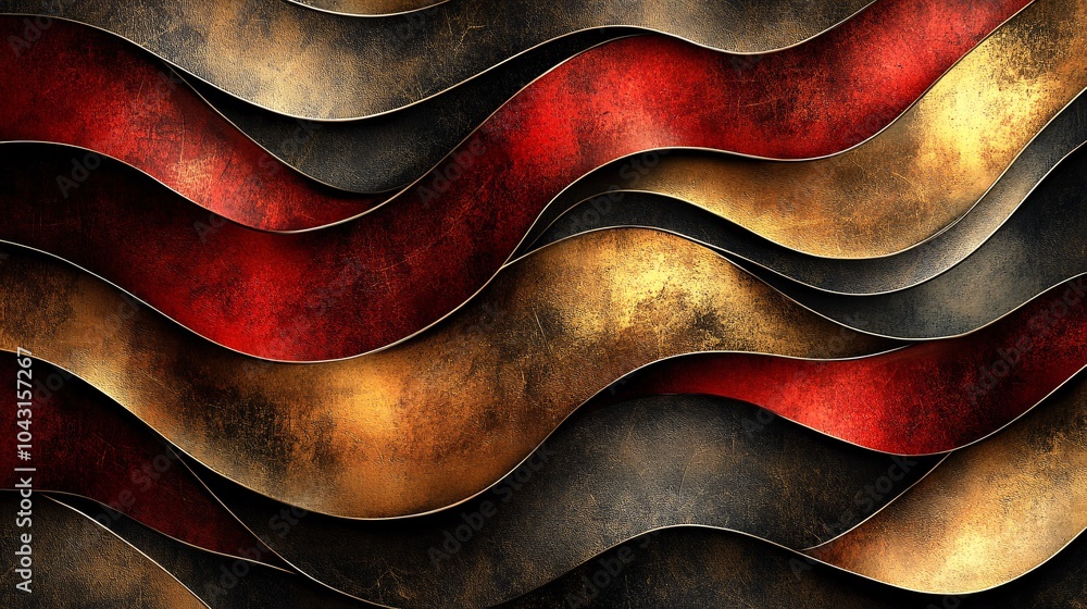 Poster An abstract snake pattern with geometric shapes in bold red gold and black tones repeating to form a contemporary artistic background Stock Photo with side copy space