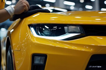 Close-up of a hand detailing a yellow sports car