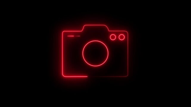 Neon glowing line camera icon  on black background. Video footage of red glowing Camera neon icon. Looped Neon Lines abstract  Futuristic laser background. Glowing neon camera icon animation .HUD 4K
