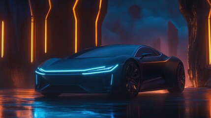 Sleek electric car in blue lighting in futuristic environment