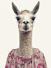 Fototapeta premium Female llama in a casual sundress on a white background.