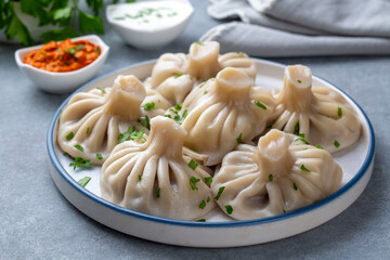 Traditional Georgian dish khinkali - Hinkali - Boiled khinkali with lamb or beef or cheese