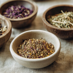 Assorted dried herbs in wooden bowls on rustic fabric.
