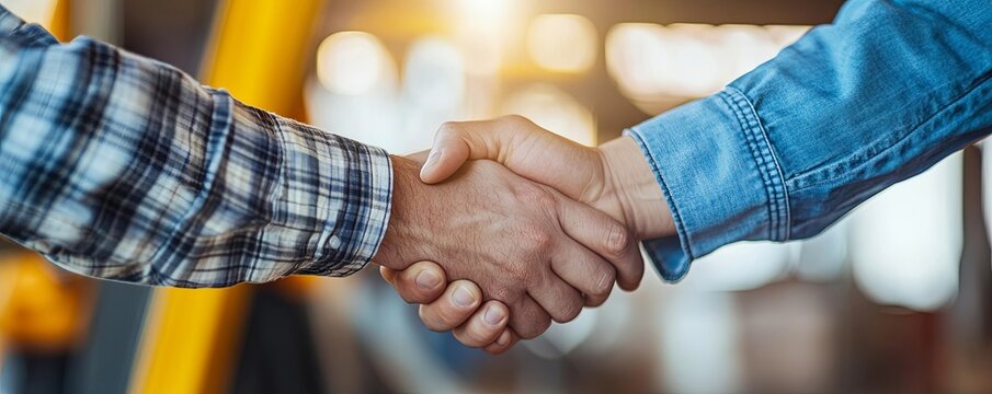 Client shaking hands with contractor after confirm blueprint to renovate house, Generative AI