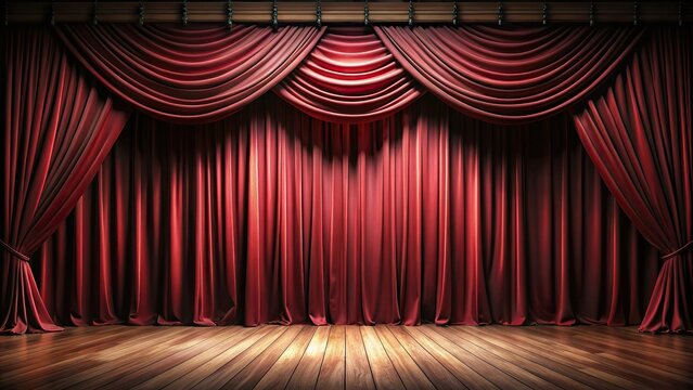 Grimdark stage curtains downstage and main valance of theatre