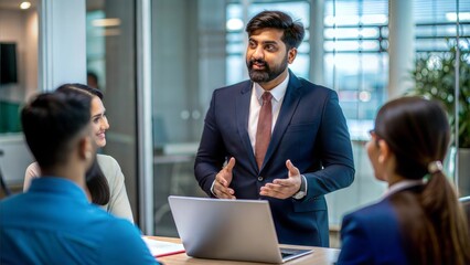 An Indian sales executive presenting products to clients in a modern office environment.
