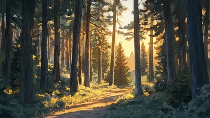 Obraz premium A watercolor scene of a dense forest with towering pine trees, a winding dirt path, and a golden sunset casting warm light through the branches.