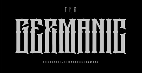 Gothic blackletter font, schwabacher letters with dramatic sharp edges, fraktur alphabet for tattoo saloon, heavy metal music logo, old school medieval germanic style headline. Rotunda style typeset