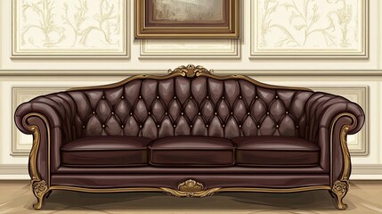 Ornate Brown Leather Sofa with Gold Accents in a Formal Setting