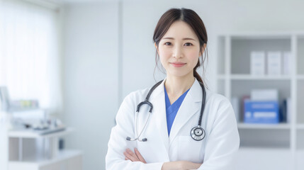 Japanese female doctor with stethoscope in medical room.