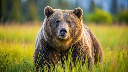Fototapeta premium Grizzly bear closeup in grassy meadow of Montana USA with leading lines