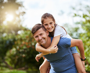 Dad, kid and piggy back in garden portrait with bonding, smile and hug on outdoor adventure with...