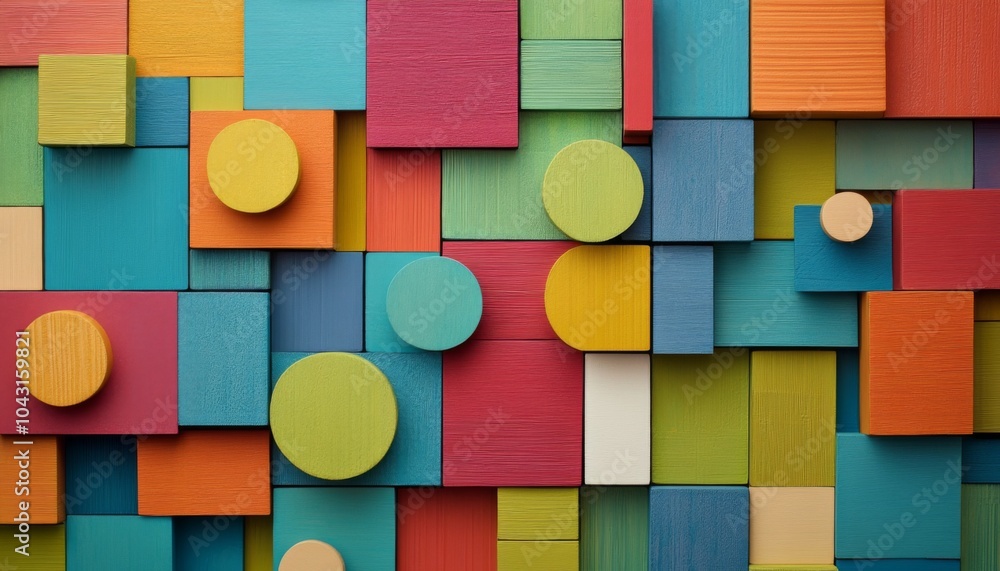 Poster colorful wooden blocks of various shapes and sizes arranged in a pattern.